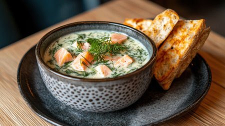 A cozy bowl of creamy salmon soup topped with fresh dill, served with crispy toast, perfect for a comforting meal any time of day.の素材