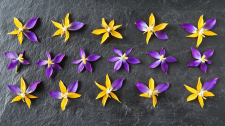 A stunning display of yellow and purple flower petals arranged thoughtfully on a dark surface, perfect for themes related to nature, gardening, and beauty.の素材