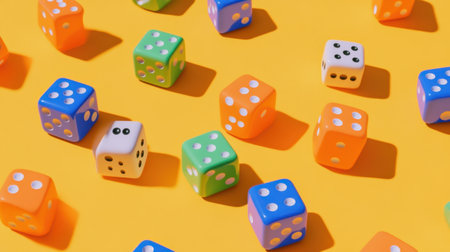 A vibrant arrangement of colorful dice on a bright yellow background, perfect for representing fun, games, and playful activities. Ideal for childrenの素材