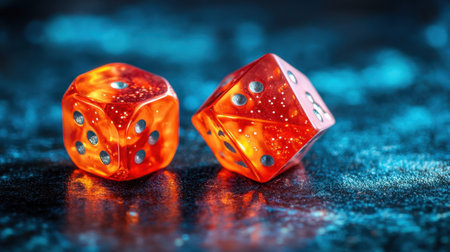 Close-up of vibrant red dice with a glittery effect sitting on a dark surface. The image captures the essence of chance and excitement in games.の素材