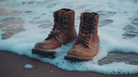 A pair of rugged brown leather boots rests on a sandy beach, partially covered by gentle ocean waves, creating an artistic blend of nature and footwear.の素材