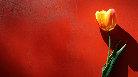 A stunning image of a vibrant yellow tulip flower against a bold red wall, capturing natural light and soft shadows, perfect for artistic or decorative needs.の素材