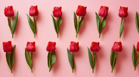 This stunning image features a symmetrical arrangement of vibrant red tulips on a gentle pink background. Perfect for spring themes and floral designs.の素材