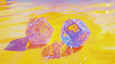 Colorful geometric shapes sit elegantly on a vibrant yellow surface, casting reflections and creating a dynamic abstract scene perfect for art and design projects.の素材