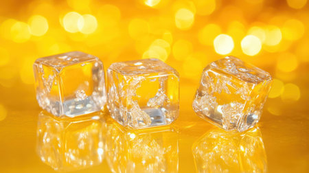 Three clear ice cubes resting on a reflective surface, displayed against a shimmering gold bokeh background, perfect for beverage and decor themes.の素材