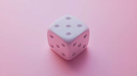A single white dice sits on a soft pink background, showcasing its smooth contours and round edges while casting shadows in soft light, symbolizing chance.の素材