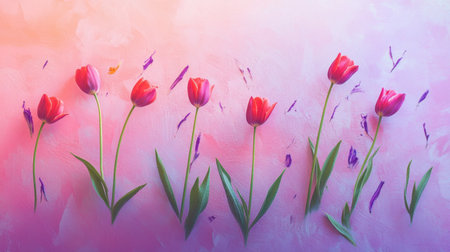 A stunning arrangement of vibrant tulips on a soft, colorful background, complemented by scattered petals. This artistic composition evokes a sense of serenity and beauty.の素材