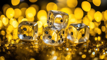A captivating close-up image of four transparent dice resting on a glittering gold surface, enhanced by soft bokeh lights in the background.の素材