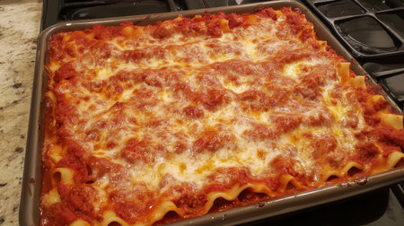 A tempting tray of homemade lasagna featuring pasta sheets layered with savory meat sauce and gooey melted cheese, perfect for a dinner gathering.の素材