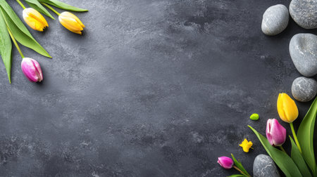 A serene display of colorful tulips and smooth stones arranged on a dark surface, perfect for spring-themed decorations or creative photography.の素材