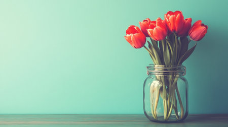 This stunning image features a bouquet of vibrant red tulips elegantly arranged in a clear glass jar. The soft mint background enhances the fresh and cheerful aesthetic, making it a perfect choice for home decor and floral inspiration.の素材