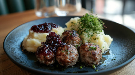 A mouthwatering plate featuring tender meatballs accompanied by creamy mashed potatoes and tangy berry sauce, perfect for a cozy meal setting.の素材