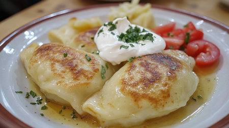A plate of delicious homemade dumplings topped with sour cream and herbs, accompanied by fresh cherry tomatoes for a delightful culinary experience.の素材