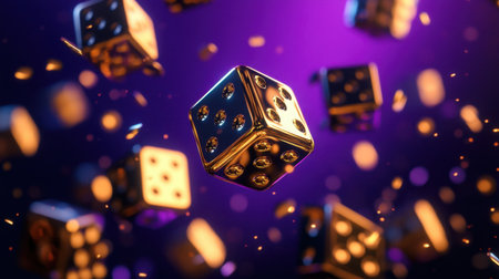 A stunning visual of floating gold dice captured with a vibrant purple background. Perfect for themes of chance, gaming, and festive fun.の素材