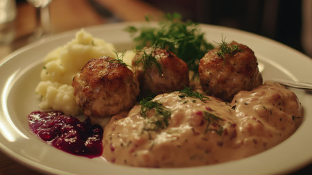 A sumptuous plate of Swedish meatballs features rich cream sauce, smooth mashed potatoes, tangy lingonberry jam, and garnished with fresh herbs.の素材