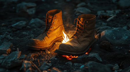 A pair of brown rugged boots positioned over a small fire on rocky terrain, symbolizing adventure and the spirit of survival in nature.の素材