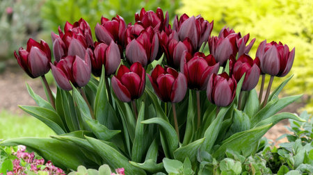 A stunning display of vibrant red tulips showcases the beauty of spring in a lively garden. These blooming flowers stand out against lush green foliage.の素材