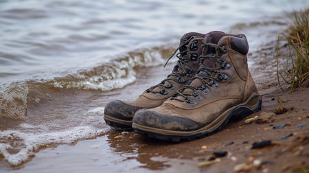 A pair of rugged hiking boots rests on a beach shoreline, surrounded by gentle waves. This image captures the essence of outdoor adventures and exploration.の素材