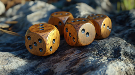 A captivating arrangement of wooden dice placed on a rocky surface, beautifully lit by natural light, showcasing unique textures and colors ideal for play and creativity.の素材