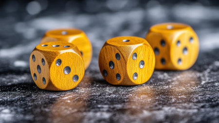 A visually appealing arrangement of wooden dice showcased on a textured black marble surface, perfect for game nights and tabletop activities.の素材