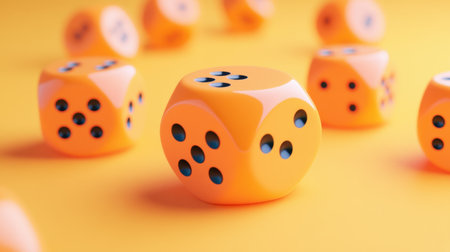 This image showcases vibrant orange dice scattered playfully against a bright yellow backdrop, symbolizing fun and chance in gaming activities.の素材