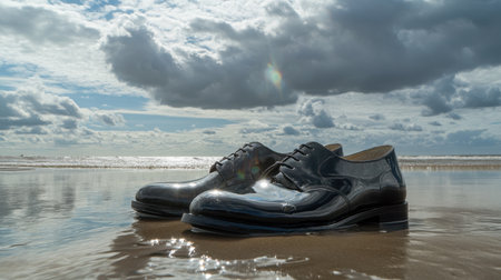 A stunning pair of elegant black dress shoes rests on a sandy beach, reflecting the dramatic cloud sky and calm ocean waves, showcasing style and beauty.の素材