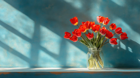 A stunning arrangement of bright red tulips in a jar creates a beautiful contrast against a blue wall, showcasing soft light and shadows in an artistic display.の素材