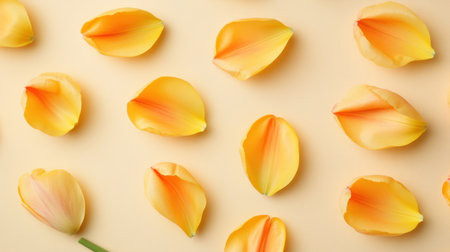 A stunning arrangement of vibrant yellow flower petals scattered artistically across a soft beige background, showcasing natural beauty and elegance.の素材