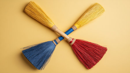 A vibrant and colorful display of crossed brooms against a cheerful yellow background, ideal for concepts related to cleaning and home decoration.の素材
