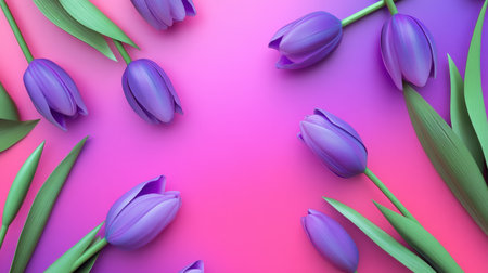 This captivating image features a beautiful arrangement of purple tulips on a vivid pink and purple gradient background, highlighting floral elegance and color interplay.の素材