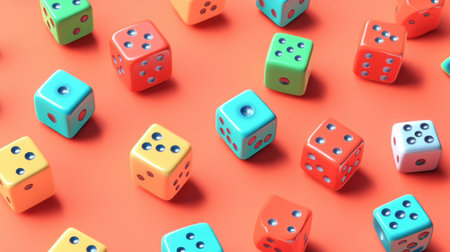 A dynamic arrangement of colorful dice scattered on a vibrant background, perfect for illustrating playful activities, games, and social gatherings.の素材
