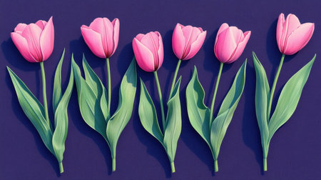 This stunning arrangement features vibrant pink tulips complemented by lush green leaves, set against a rich blue background, perfect for enhancing floral-themed designs.の素材