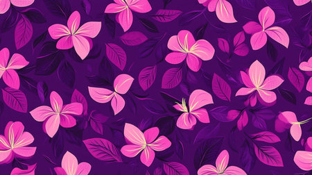 This vibrant floral pattern features delicate pink flowers and lush leaves set against a rich purple background, perfect for various design projects.の素材