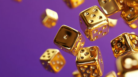 A stunning arrangement of golden dice cascading against a vibrant purple backdrop, symbolizing luck and chance in gaming and casino environments.の素材