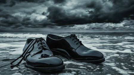 A striking image of black formal shoes placed on a wet beach, capturing the turbulent atmosphere of an impending storm with dark clouds overhead.の素材