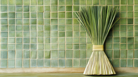 A captivating arrangement of green grasses stands elegantly against a textured tile wall, showcasing the beauty of nature in interior design.の素材