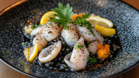 This stunning culinary creation features tender squid elegantly arranged on flavorful black rice, complemented by vibrant lemon slices and fresh herbs.の素材