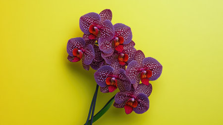 This eye-catching image captures a stunning arrangement of vibrant purple orchids set against a bright yellow background, evoking feelings of joy and elegance.の素材