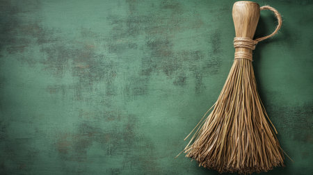 A rustic broom rests against a textured green background, embodying simplicity and vintage charm suitable for decoration and cleaning purposes.の素材