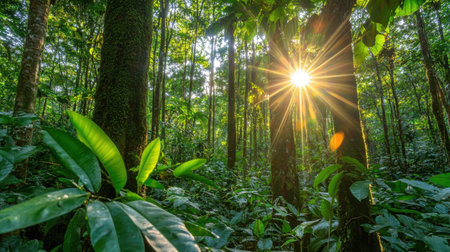 This captivating image captures sunlight streaming through lush green trees in a tropical forest, creating a serene and tranquil atmosphere filled with vibrant foliage.の素材
