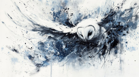 This artwork features a captivating barn owl in flight, portrayed with striking blue and white splashes, offering a unique artistic interpretation of nature's beauty.の素材