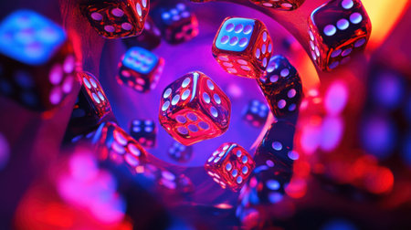 This captivating image showcases a swirl of colorful dice suspended in mid-air, creating a dynamic atmosphere filled with excitement and energy.の素材