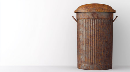 This image features a vintage rusty trash can with a ribbed surface and metal handles, set against a minimal white background, perfect for thematic designs.の素材