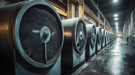 A vast industrial space showcasing large machinery and ventilation fans, reflecting the essence of manufacturing and production operations in a well-lit warehouse environment.の素材