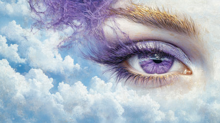This captivating image features a majestic purple eye surrounded by soft clouds, creating a dreamy atmosphere. The artistic makeup enhances the surreal quality.の素材