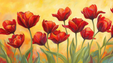 This stunning artwork features vibrant red tulips in full bloom, set against a warm yellow background. The vivid colors create a joyful and serene atmosphere, perfect for brightening any space.の素材