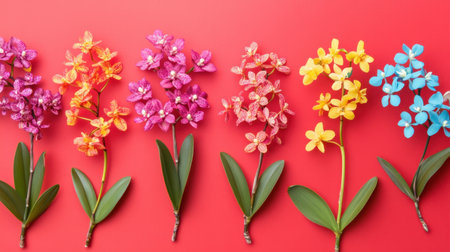 This stunning image showcases a variety of vibrant orchids arranged in a line against a bold red background, highlighting their colors and natural elegance.の素材