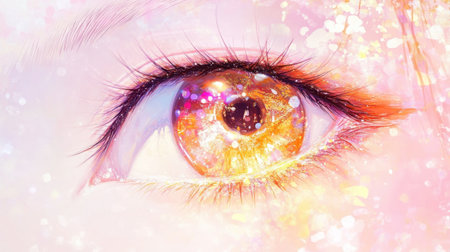 This mesmerizing close-up showcases a stunning eye filled with golden hues and sparkling effects, evoking a sense of wonder and creativity.の素材