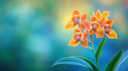 A captivating close-up of vibrant orange orchid blooms gracefully arranged on a delicate green stem, set against a soft, blurred background showcasing nature's beauty.の素材
