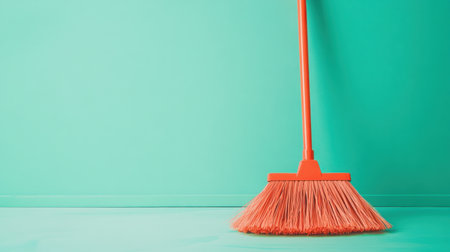 A bright orange broom leans against a vibrant turquoise wall, creating a striking visual. This modern cleaning scene suggests freshness and simplicity in maintaining a tidy environment.の素材